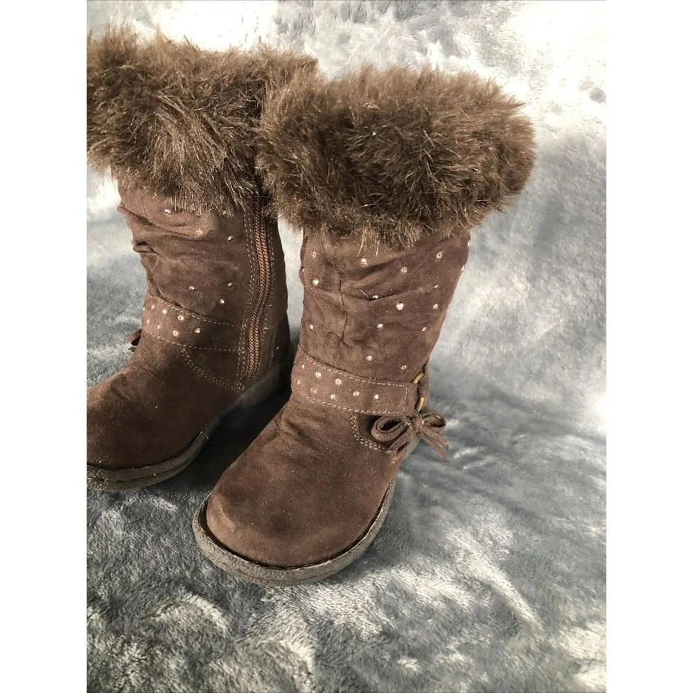 Piper Girls Boots Brown Bling Faux Fur Tops Size 7 - Picture 2 of 12
